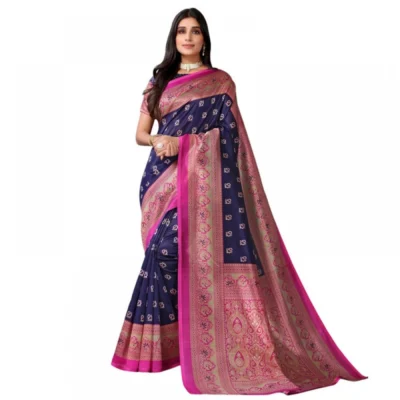 Women's Litchi silk Printed Saree With Unstitched Blouse  5-6 Mtrs (Navy Blue)