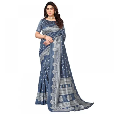Women's Litchi silk Printed Saree With Unstitched Blouse  5-6 Mtrs (Gray)