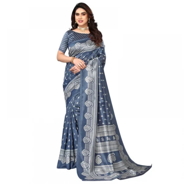 Women's Litchi silk Printed Saree With Unstitched Blouse  5-6 Mtrs (Gray)