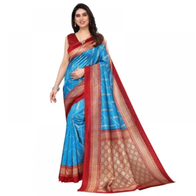 Women's Litchi silk Printed Saree With Unstitched Blouse  5-6 Mtrs (Blue)
