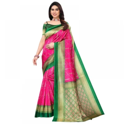 Women's Litchi silk Printed Saree With Unstitched Blouse  5-6 Mtrs (Pink)