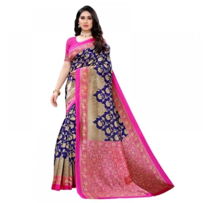 Women's Litchi silk Printed Saree With Unstitched Blouse  5-6 Mtrs (Blue)