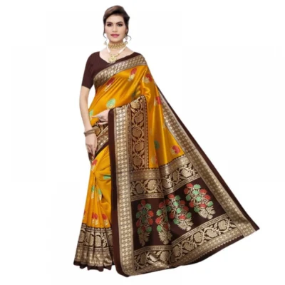 Women's Litchi silk Printed Saree With Unstitched Blouse  5-6 Mtrs (Mustard Yellow)