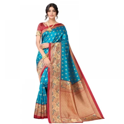 Women's Litchi silk Printed Saree With Unstitched Blouse  5-6 Mtrs (Blue)