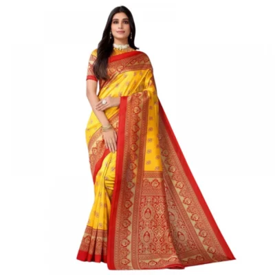 Women's Litchi silk Printed Saree With Unstitched Blouse  5-6 Mtrs (Yellow)