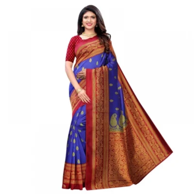 Women's Litchi silk Printed Saree With Unstitched Blouse  5-6 Mtrs (Blue)
