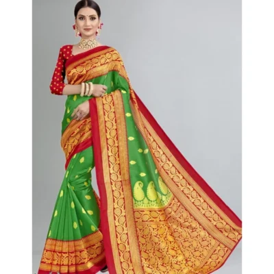 Women's Litchi silk Printed Saree With Unstitched Blouse  5-6 Mtrs (Green)
