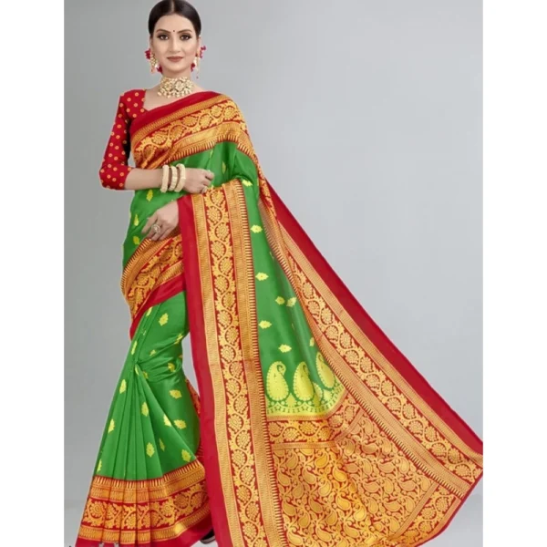 Women's Litchi silk Printed Saree With Unstitched Blouse  5-6 Mtrs (Green)