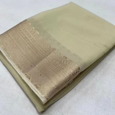 Women's Crepe Chit Pallu Solid Saree With Unstitched Blouse 5.5Mtr (Beige)