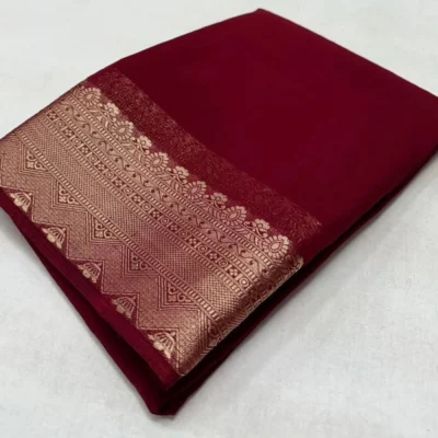 Women's Crepe Chit Pallu Solid Saree With Unstitched Blouse 5.5Mtr (Maroon)