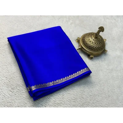 Women's Crepe Chit Pallu Solid Saree With Unstitched Blouse 5.5Mtr (Blue)