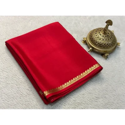 Women's Crepe Chit Pallu Solid Saree With Unstitched Blouse 5.5Mtr (Red)