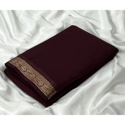 Women's Crepe Chit Pallu Solid Saree With Unstitched Blouse 5.5Mtr (Brown)