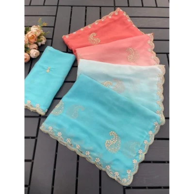 Women's Digital Printed  Geogette Saree With Unstitched Blouse (Blue, 5-6 Mtrs)