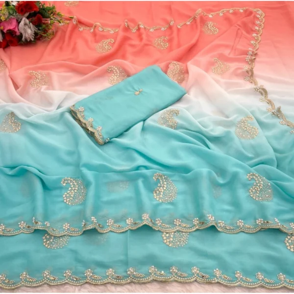 Women's Digital Printed  Geogette Saree With Unstitched Blouse (Blue, 5-6 Mtrs) - Image 2