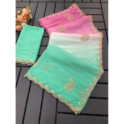 Women's Digital Printed  Geogette Saree With Unstitched Blouse (Light Green, 5-6 Mtrs)