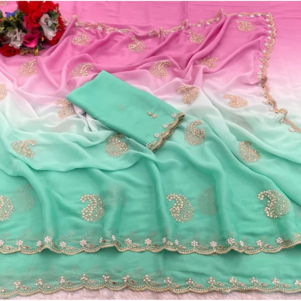 Women's Digital Printed  Geogette Saree With Unstitched Blouse (Light Green, 5-6 Mtrs) - Image 2