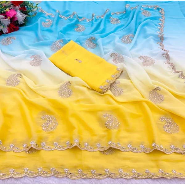 Women's Digital Printed  Geogette Saree With Unstitched Blouse (Yellow, 5-6 Mtrs) - Image 2