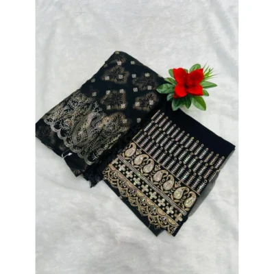 Women's Embroidered Georgette Saree With Unstitched Blouse (Black, 5-6 Mtrs)