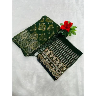 Women's Embroidered Georgette Saree With Unstitched Blouse (Dark Green, 5-6 Mtrs)