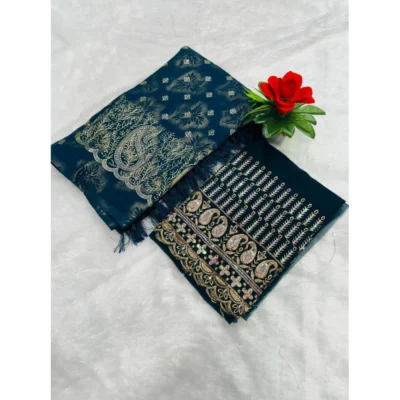 Women's Embroidered Georgette Saree With Unstitched Blouse (Dark Blue, 5-6 Mtrs)