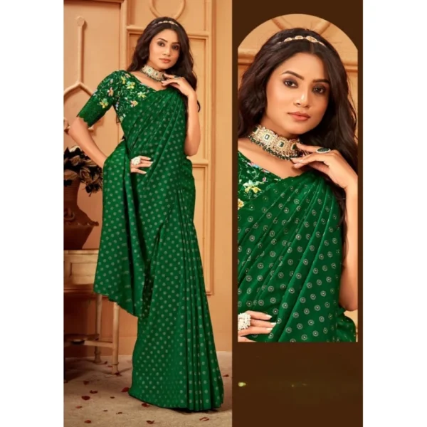 Women's Printed Brasso Saree With Unstitched Blouse (Green, 5-6 Mtrs) - Image 6