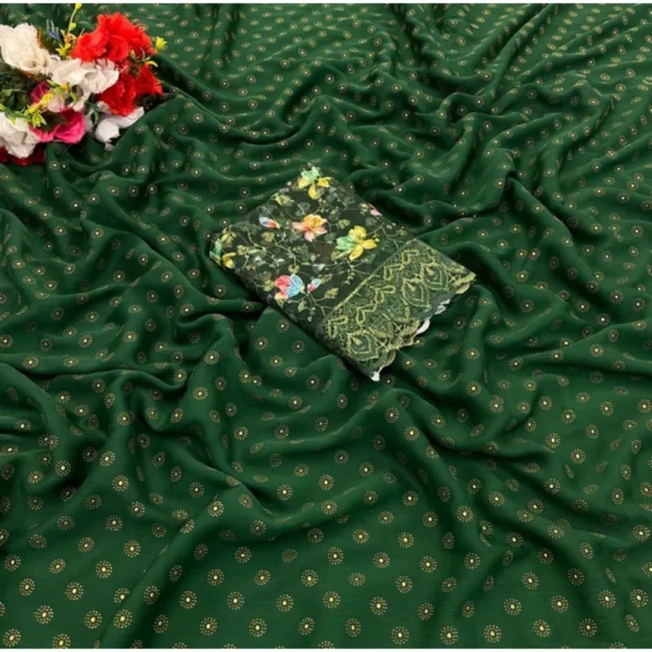 Women's Printed Brasso Saree With Unstitched Blouse (Green, 5-6 Mtrs) - Image 4
