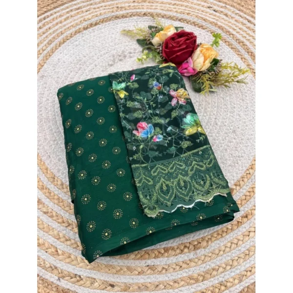 Women's Printed Brasso Saree With Unstitched Blouse (Green, 5-6 Mtrs) - Image 3