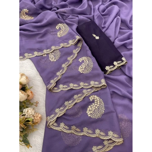 Women's Digital Printed  Georgette Saree With Unstitched Blouse (Lavendar, 5-6 Mtrs) - Image 4