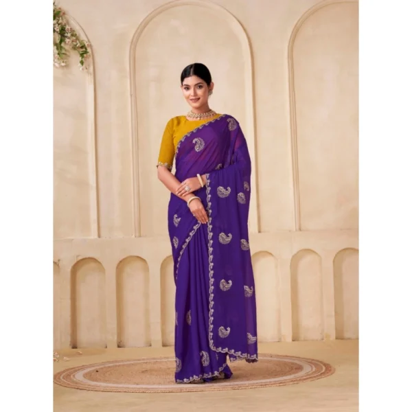 Women's Digital Printed  Georgette Saree With Unstitched Blouse (Purple, 5-6 Mtrs) - Image 3