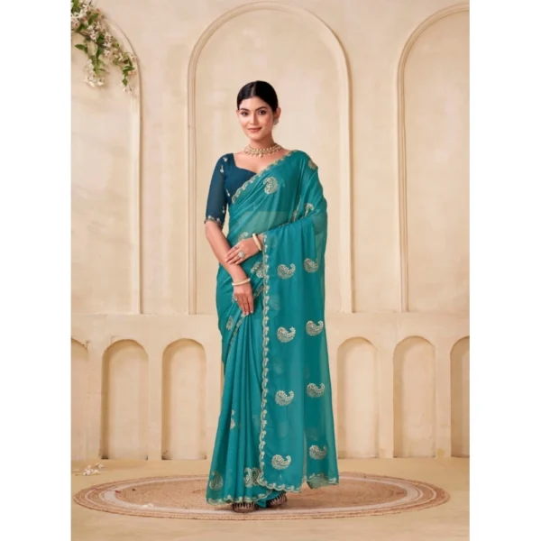 Women's Digital Printed  Georgette Saree With Unstitched Blouse (Sky, 5-6 Mtrs) - Image 3