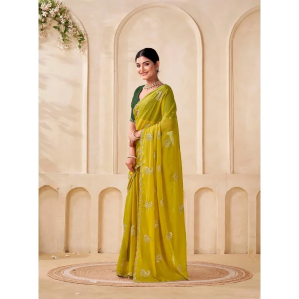 Women's Digital Printed  Georgette Saree With Unstitched Blouse (Yellow, 5-6 Mtrs) - Image 2
