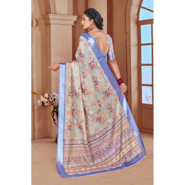 Women's Printed Cotton Linen Saree withPrinted  Saree With Unstitched Blouse (Beige, 5-6Mtrs) - Image 2