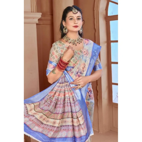 Women's Printed Cotton Linen Saree withPrinted  Saree With Unstitched Blouse (Beige, 5-6Mtrs) - Image 4