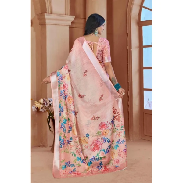 Women's Printed Cotton Linen Saree withPrinted  Saree With Unstitched Blouse (Pink , 5-6Mtrs) - Image 2