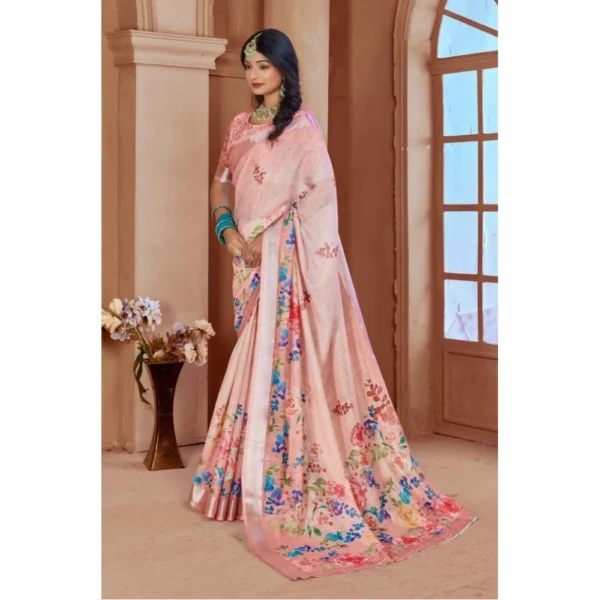 Women's Printed Cotton Linen Saree withPrinted  Saree With Unstitched Blouse (Pink , 5-6Mtrs) - Image 3