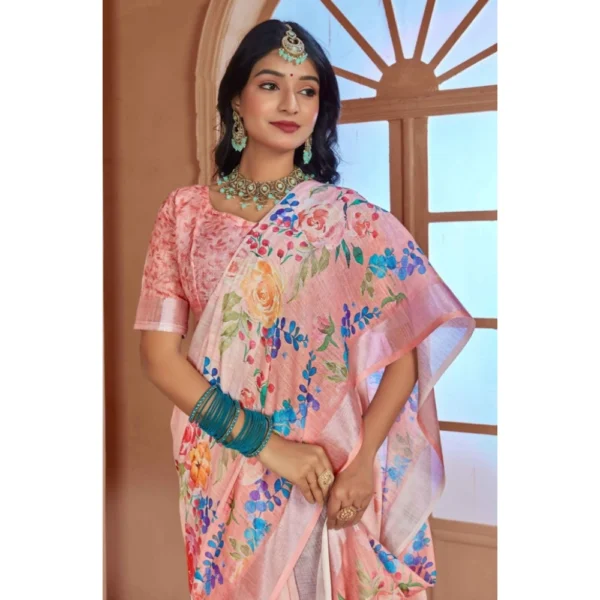 Women's Printed Cotton Linen Saree withPrinted  Saree With Unstitched Blouse (Pink , 5-6Mtrs) - Image 4
