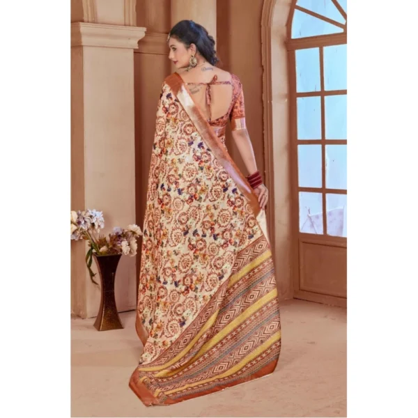 Women's Printed Cotton Linen Saree withPrinted  Saree With Unstitched Blouse (Orange , 5-6Mtrs) - Image 2