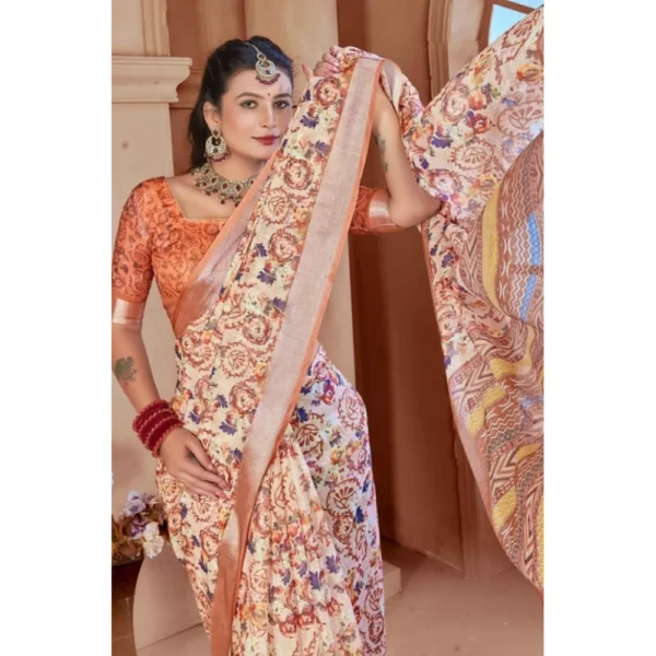 Women's Printed Cotton Linen Saree withPrinted  Saree With Unstitched Blouse (Orange , 5-6Mtrs) - Image 3