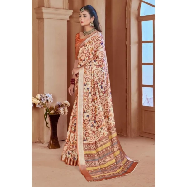 Women's Printed Cotton Linen Saree withPrinted  Saree With Unstitched Blouse (Orange , 5-6Mtrs) - Image 4