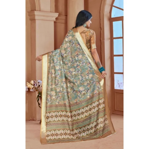 Women's Printed Cotton Linen Saree withPrinted  Saree With Unstitched Blouse (Green, 5-6Mtrs) - Image 2