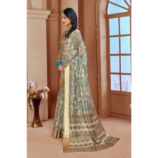 Women's Printed Cotton Linen Saree withPrinted  Saree With Unstitched Blouse (Green, 5-6Mtrs) - Image 3