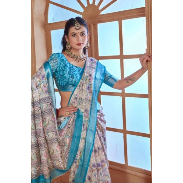 Women's Printed Cotton Linen Saree withPrinted  Saree With Unstitched Blouse (Rust  , 5-6Mtrs) - Image 3