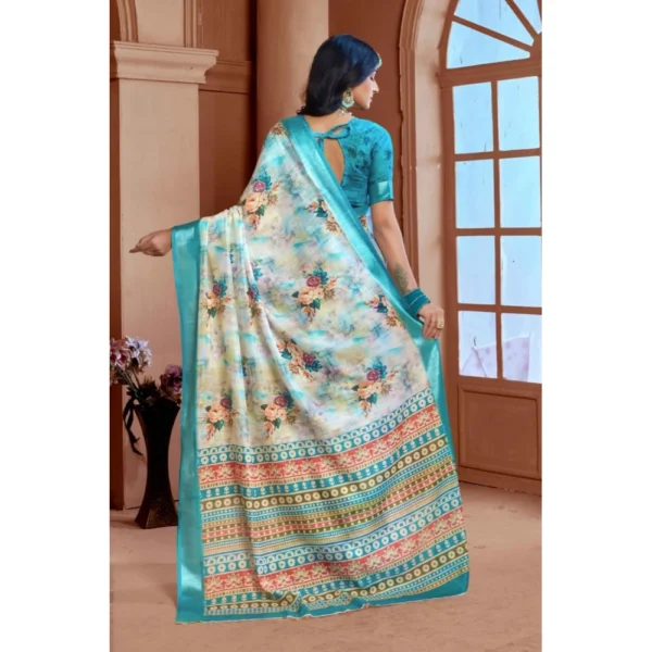 Women's Printed Cotton Linen Saree withPrinted  Saree With Unstitched Blouse (Blue, 5-6Mtrs) - Image 2