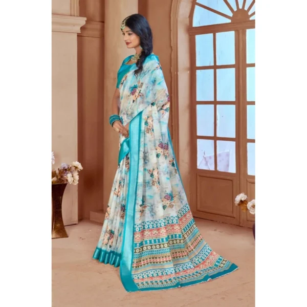 Women's Printed Cotton Linen Saree withPrinted  Saree With Unstitched Blouse (Blue, 5-6Mtrs) - Image 3