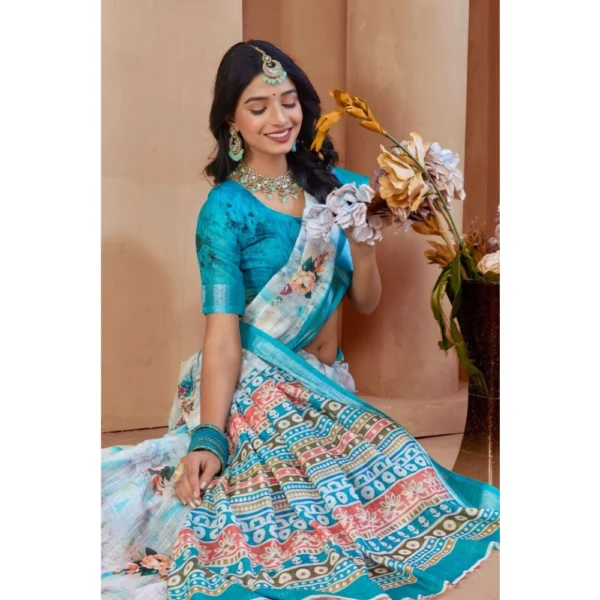 Women's Printed Cotton Linen Saree withPrinted  Saree With Unstitched Blouse (Blue, 5-6Mtrs) - Image 4