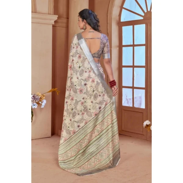 Women's Printed Cotton Linen Saree withPrinted  Saree With Unstitched Blouse (Beige, 5-6Mtrs) - Image 2