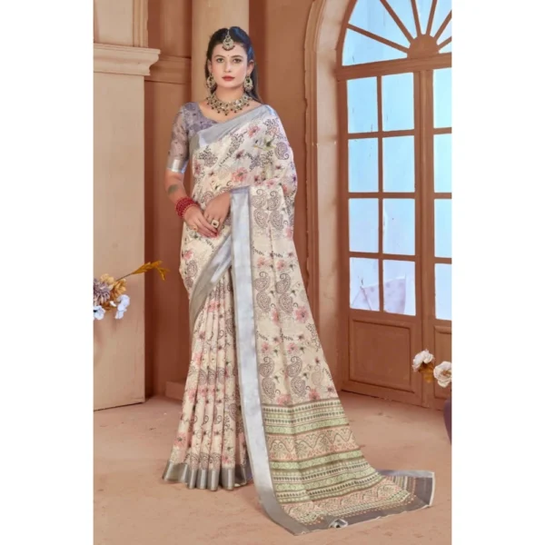 Women's Printed Cotton Linen Saree withPrinted  Saree With Unstitched Blouse (Beige, 5-6Mtrs) - Image 3
