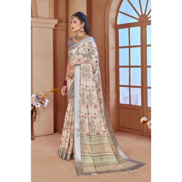 Women's Printed Cotton Linen Saree withPrinted  Saree With Unstitched Blouse (Beige, 5-6Mtrs) - Image 4