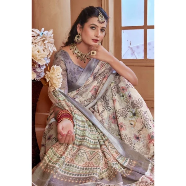 Women's Printed Cotton Linen Saree withPrinted  Saree With Unstitched Blouse (Beige, 5-6Mtrs) - Image 5